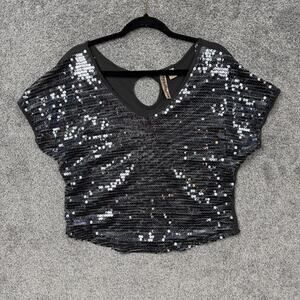Eyeshadow Blouse Medium Gray Sequin Dolman Crop Clubwear Disco Party Y2K Boho